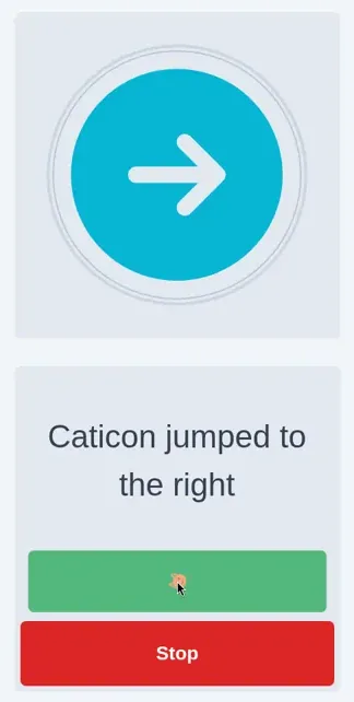 Caticon game screen: a large arrow shows that Caticon jumped to the right